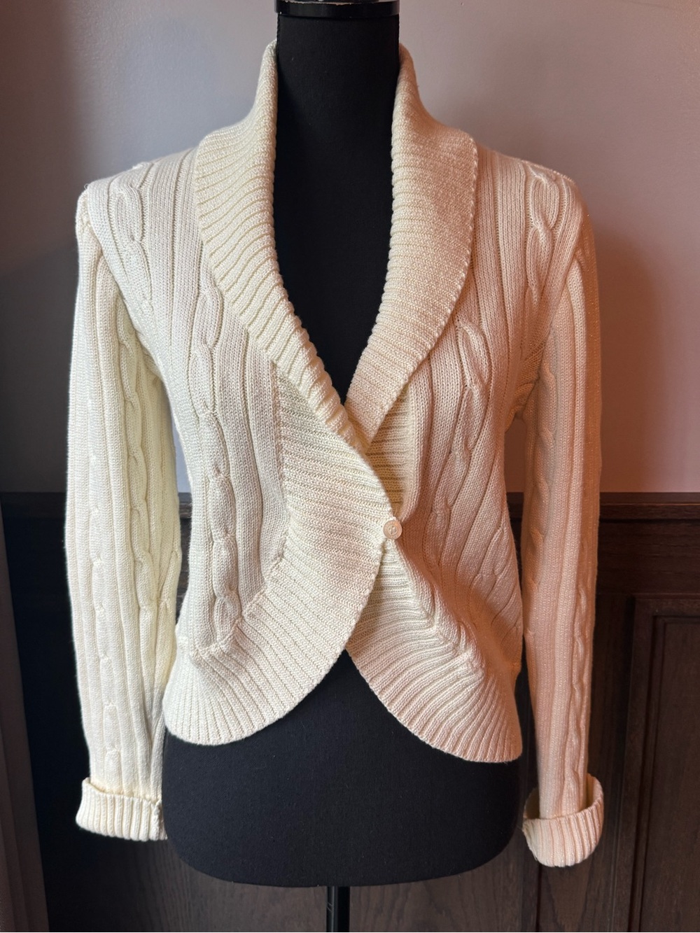 Chaps Y2K Cream Cable-Knit Shawl Collar Cardigan large